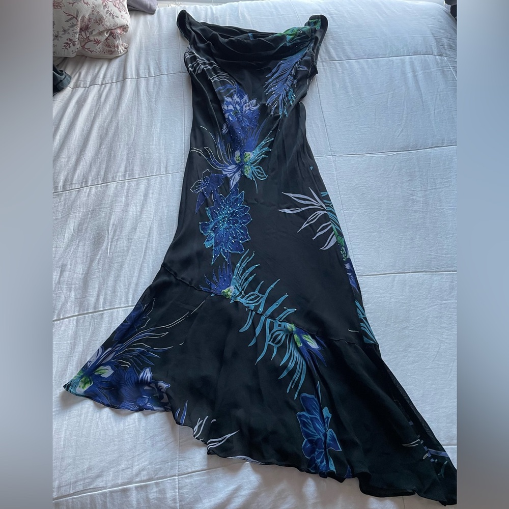 Vintage Eva Blue Dark Floral Beaded Cowl Neck Asymmetric Slip Dress 8 Fairycore - Picture 1 of 8
